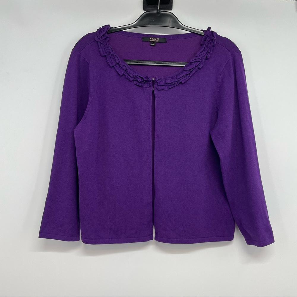 Alex Marie Silk Blend Cardigan Womens L Large Purple Ruffle Collar Long Sleeve